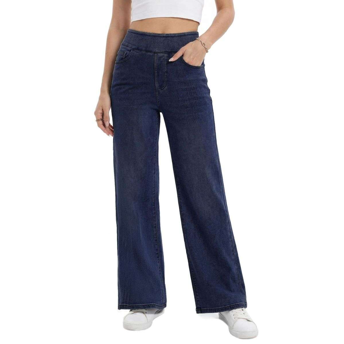 Women’s High Rise Elastic Waist Tummy Control Stretch Wide Leg Jeans