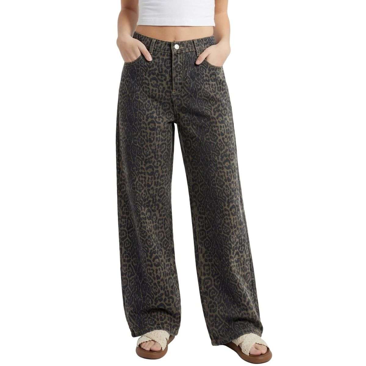 Women’s High Rise Leopard Print Wide Leg Loose Fit Jeans