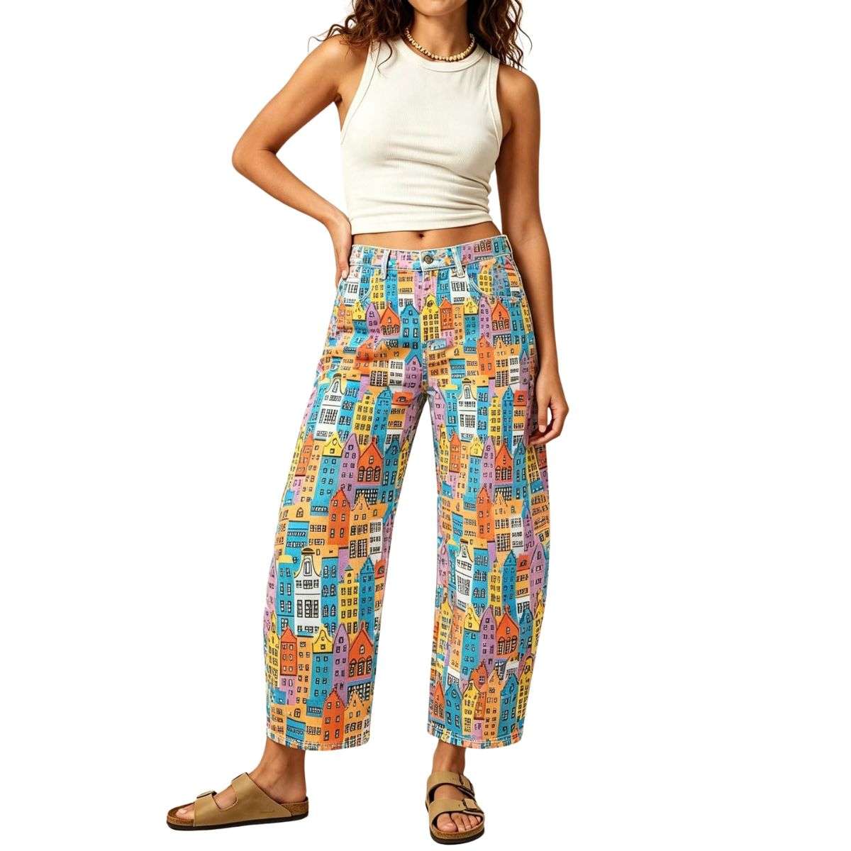 Women’s Mid Rise Printed Loose Barrel Leg Jeans