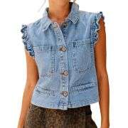 Women’s Sleeveless Ruffle Trim Cinched Short Denim Vest
