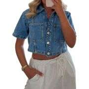 Women’s Short Sleeve Cropped Collared Button Denim Jacket
