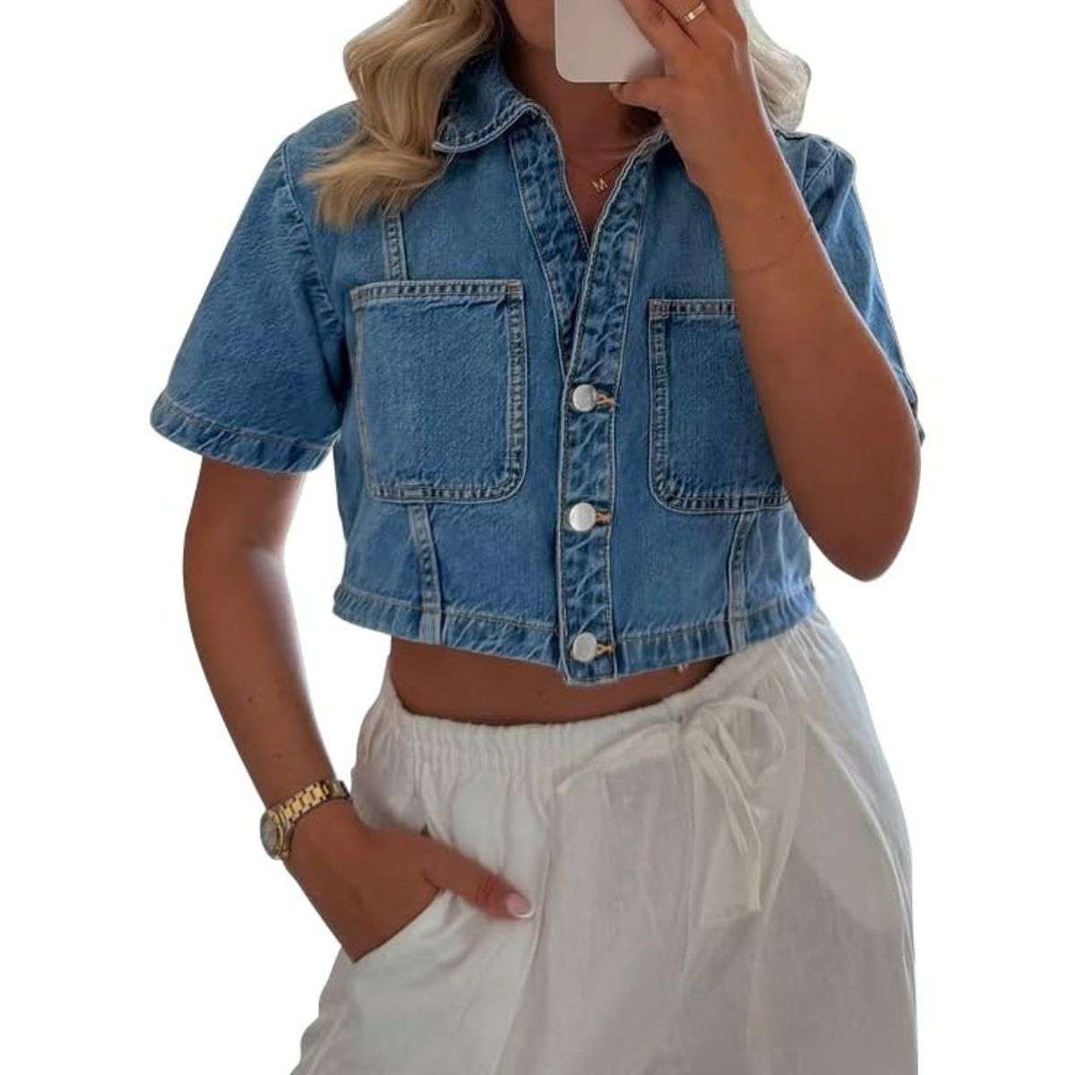 Women’s Short Sleeve Cropped Collared Button Denim Jacket