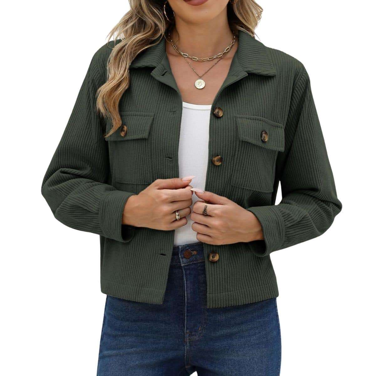 Women’s Fashion Cropped Corduroy Collared Long Sleeve Jacket