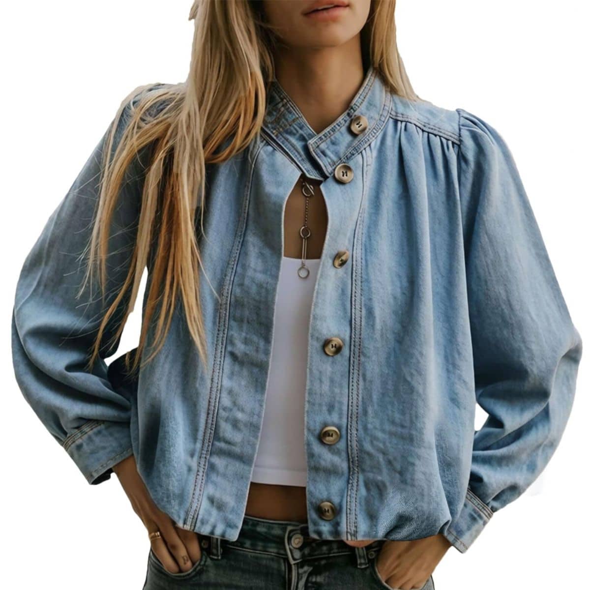 Women’s Puff Sleeve Button Vintage Denim Jacket