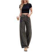 Women’s High Rise Leopard Print Wide Leg Loose Fit Jeans