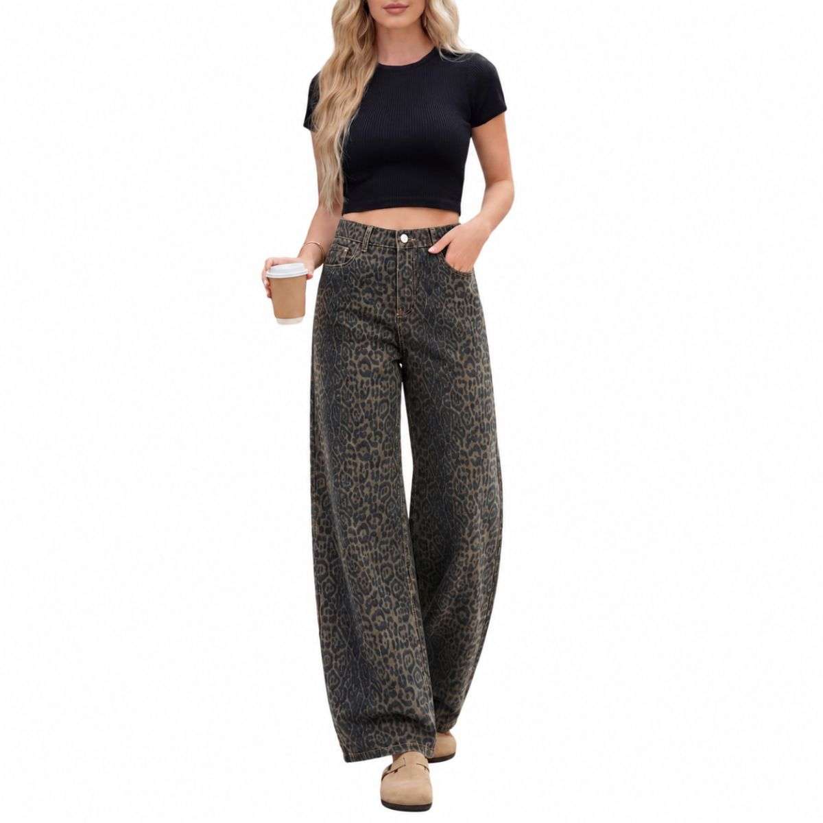 Women’s High Rise Leopard Print Wide Leg Loose Fit Jeans