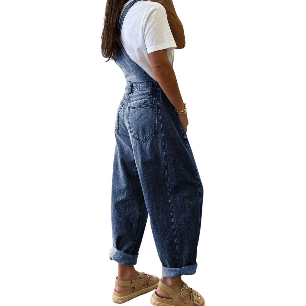 Women’s Loose Fit Adjustable Strap Cargo Denim Bib Overalls