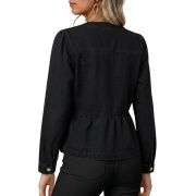 Women’s Collarless Button Front Cinched Waist Long Sleeve Denim Jacket