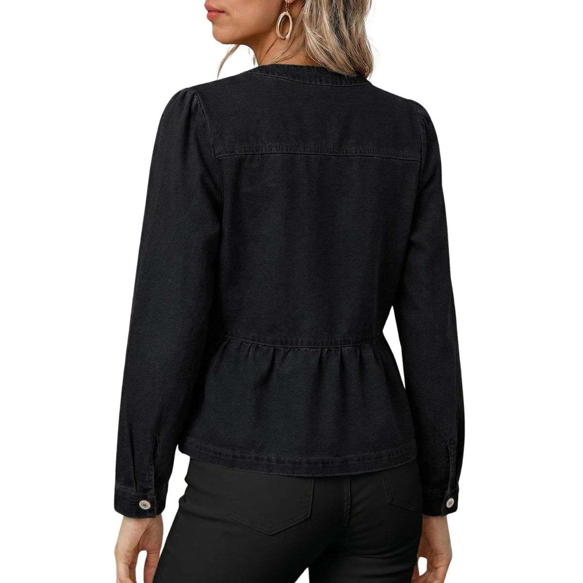Women’s Collarless Button Front Cinched Waist Long Sleeve Denim Jacket