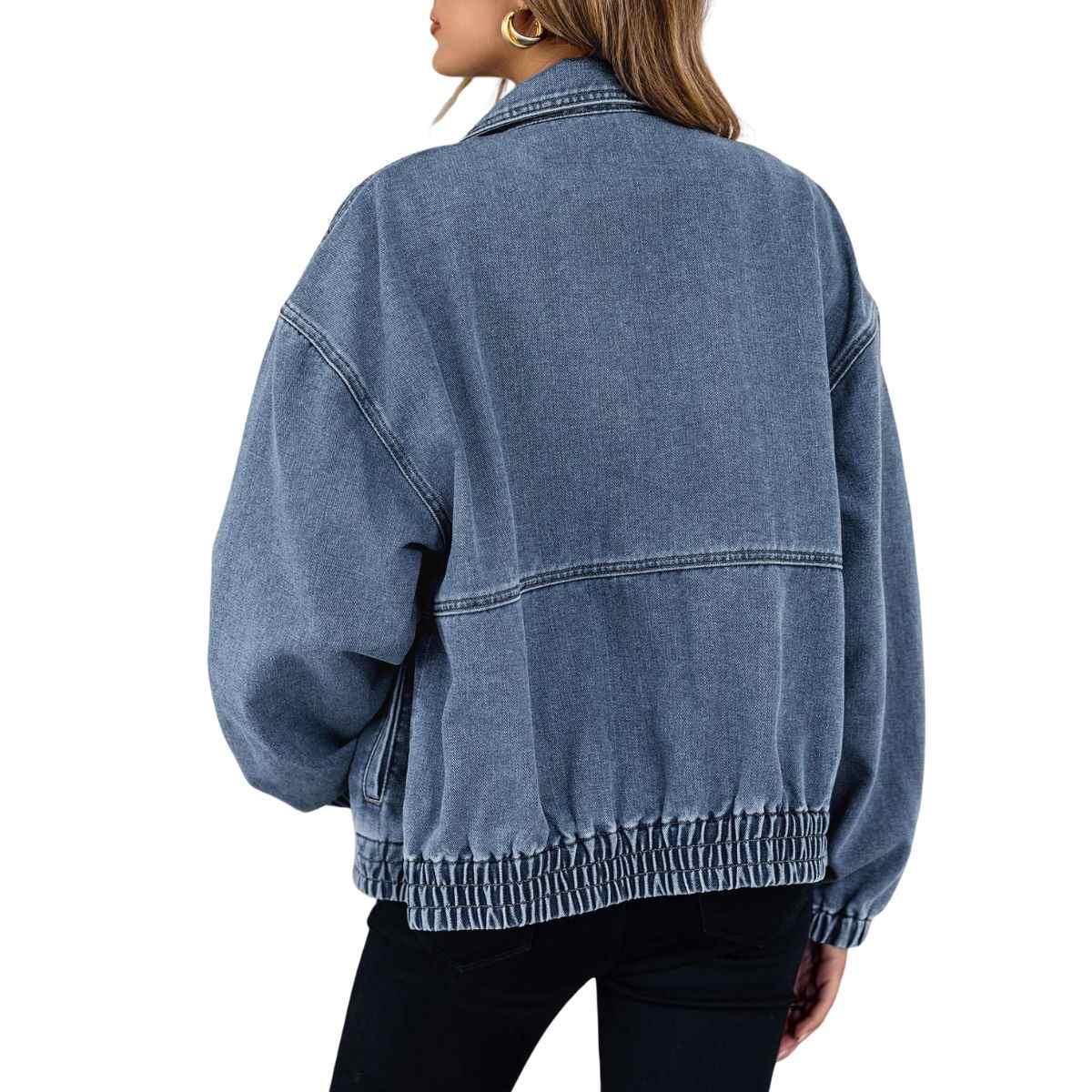 Women’s Zip Up Long Sleeve Loose Fit Denim Jacket
