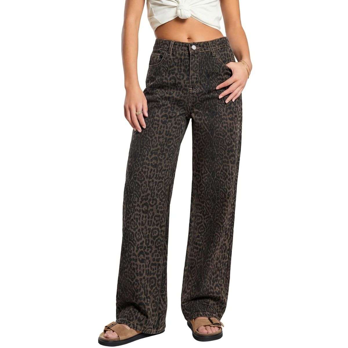 Women’s High Rise Leopard Print Wide Leg Loose Fit Jeans