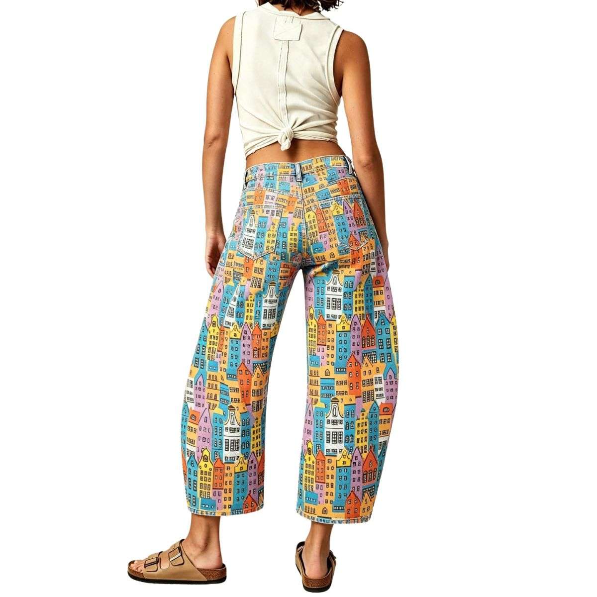 Women’s Mid Rise Printed Loose Barrel Leg Jeans