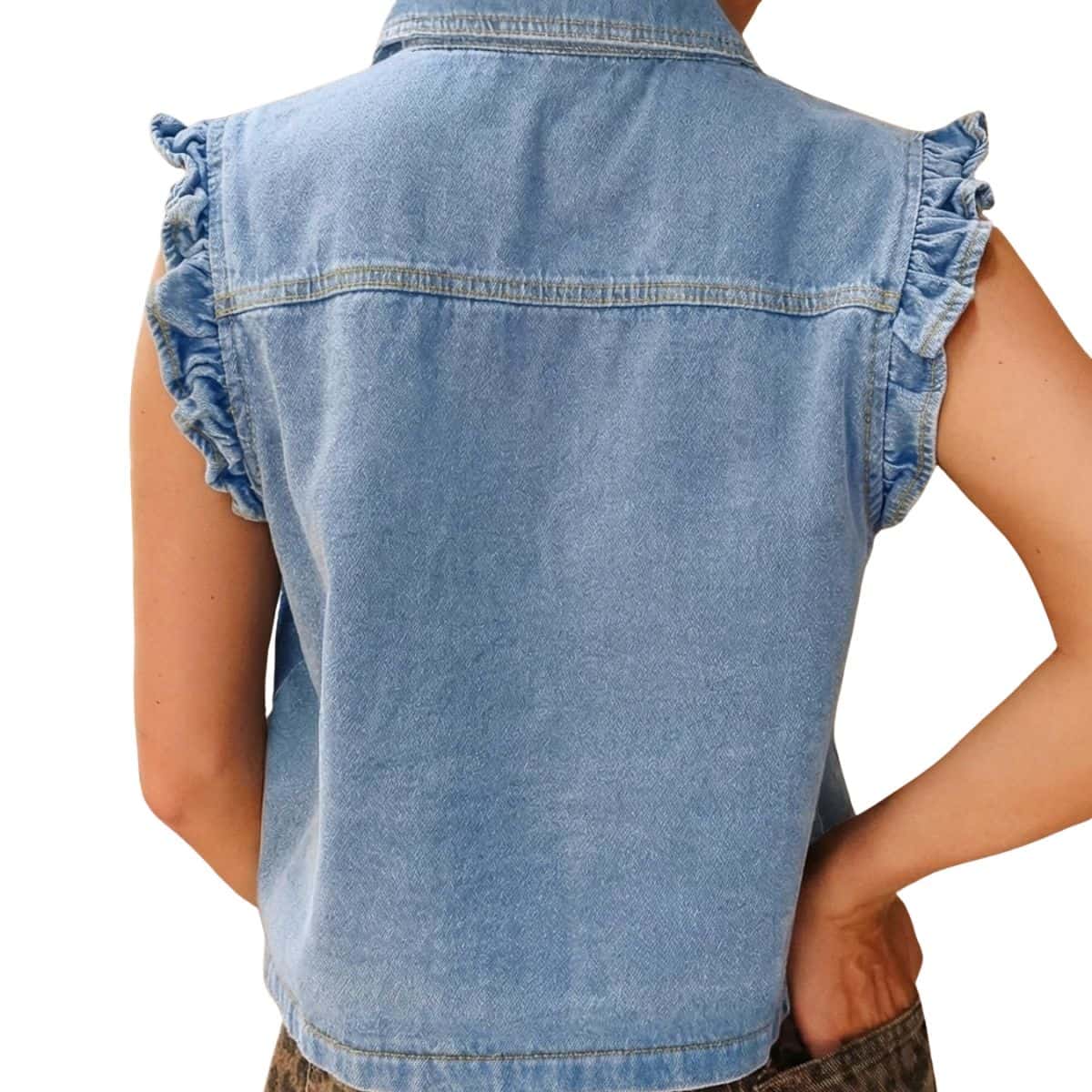 Women’s Sleeveless Ruffle Trim Cinched Short Denim Vest