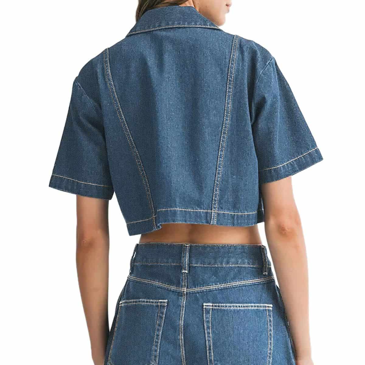 Women’s Short Sleeve Cropped Collared Button Denim Jacket