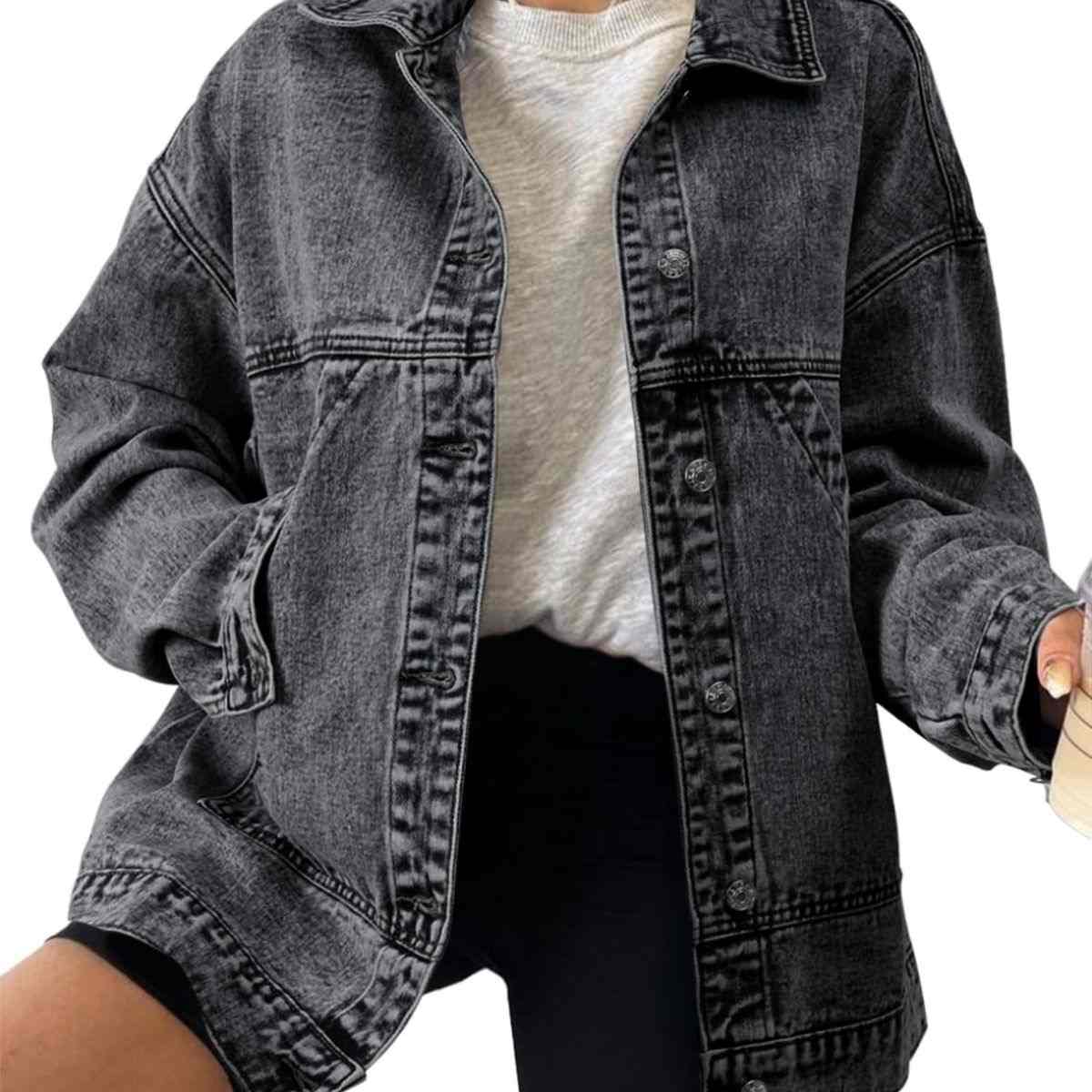 Women’s Casual Drop Shoulder Button Front Denim Jacket With Pockets