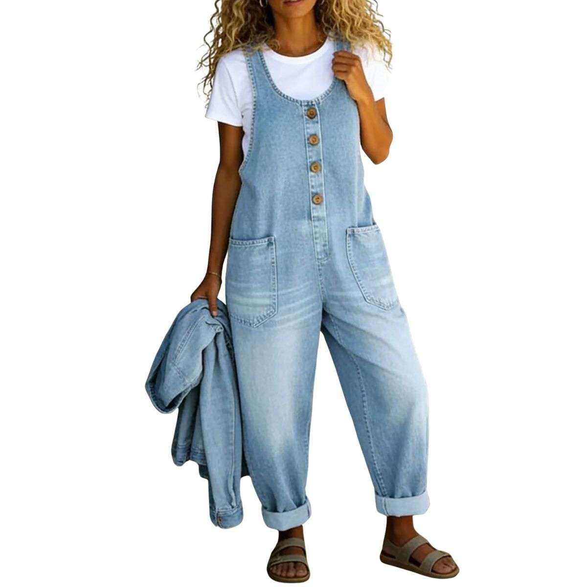 Women’s Y2K Style Loose Fit Cargo Denim Bib Overalls