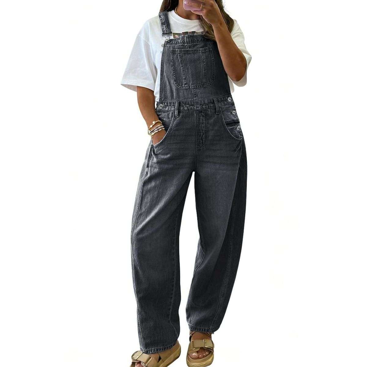 Women’s Loose Fit Adjustable Strap Cargo Denim Bib Overalls