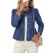 Women’s Collarless Button Front Cinched Waist Long Sleeve Denim Jacket