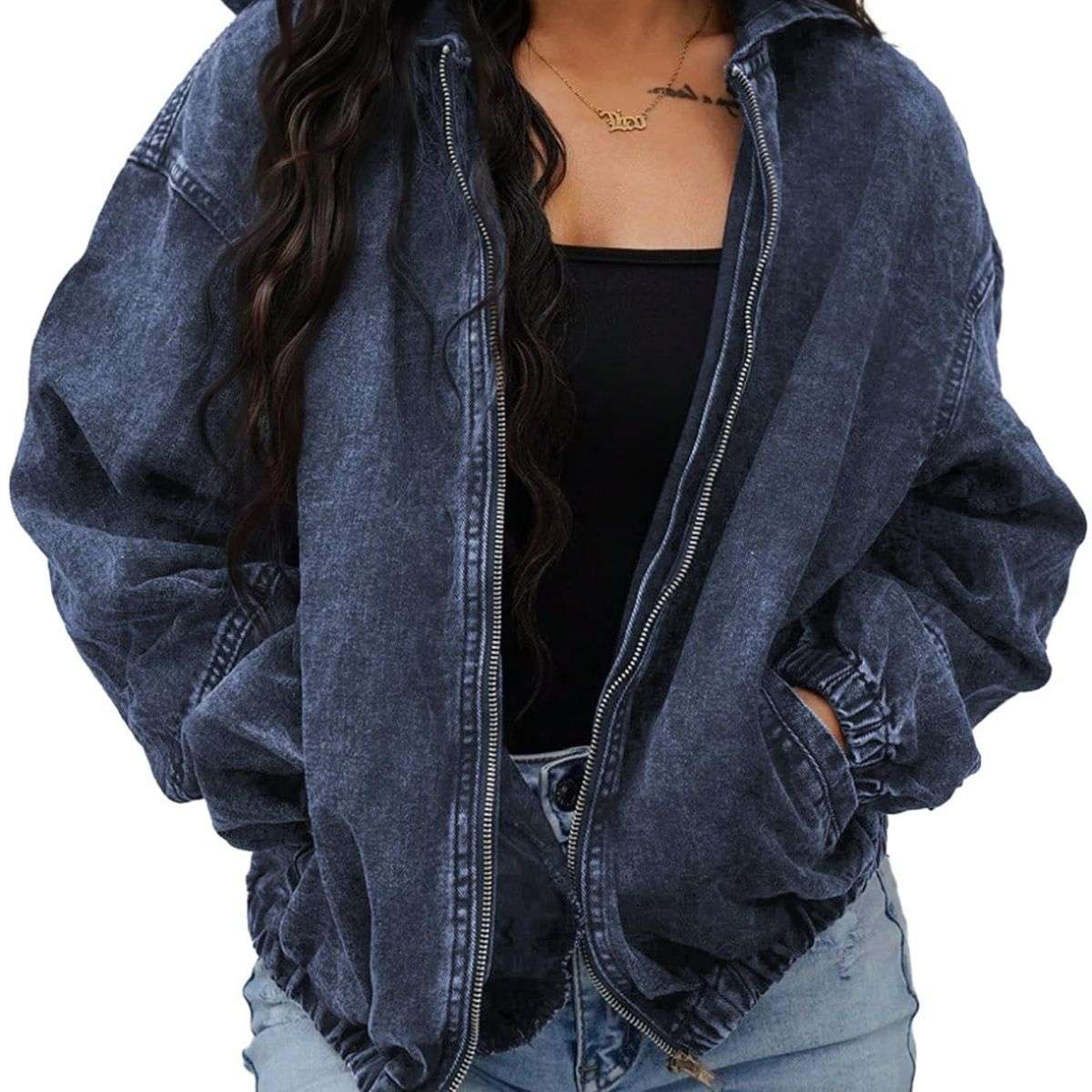 Women’s Zip Up Hooded Cropped Denim Jacket
