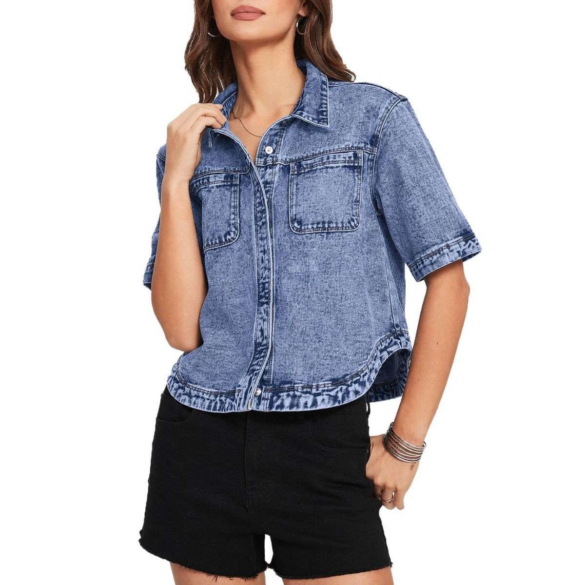 Women’s Short Sleeve Button Front Casual Denim Jacket