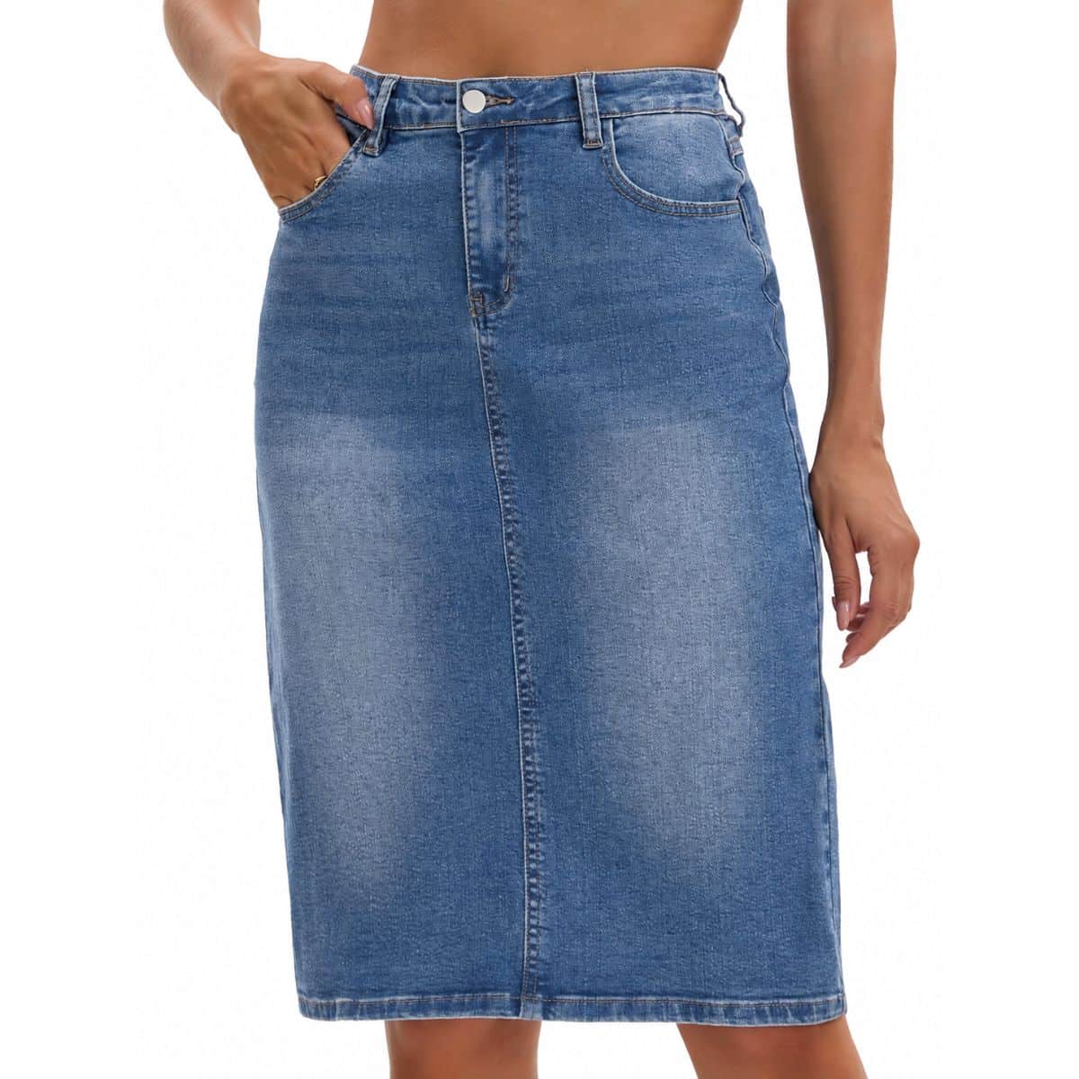 Women’s Stretchy Back Slit Midi Denim Skirt
