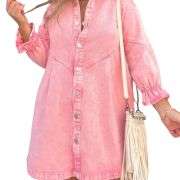 Women’s Button Front Long Sleeve Short Denim Dress