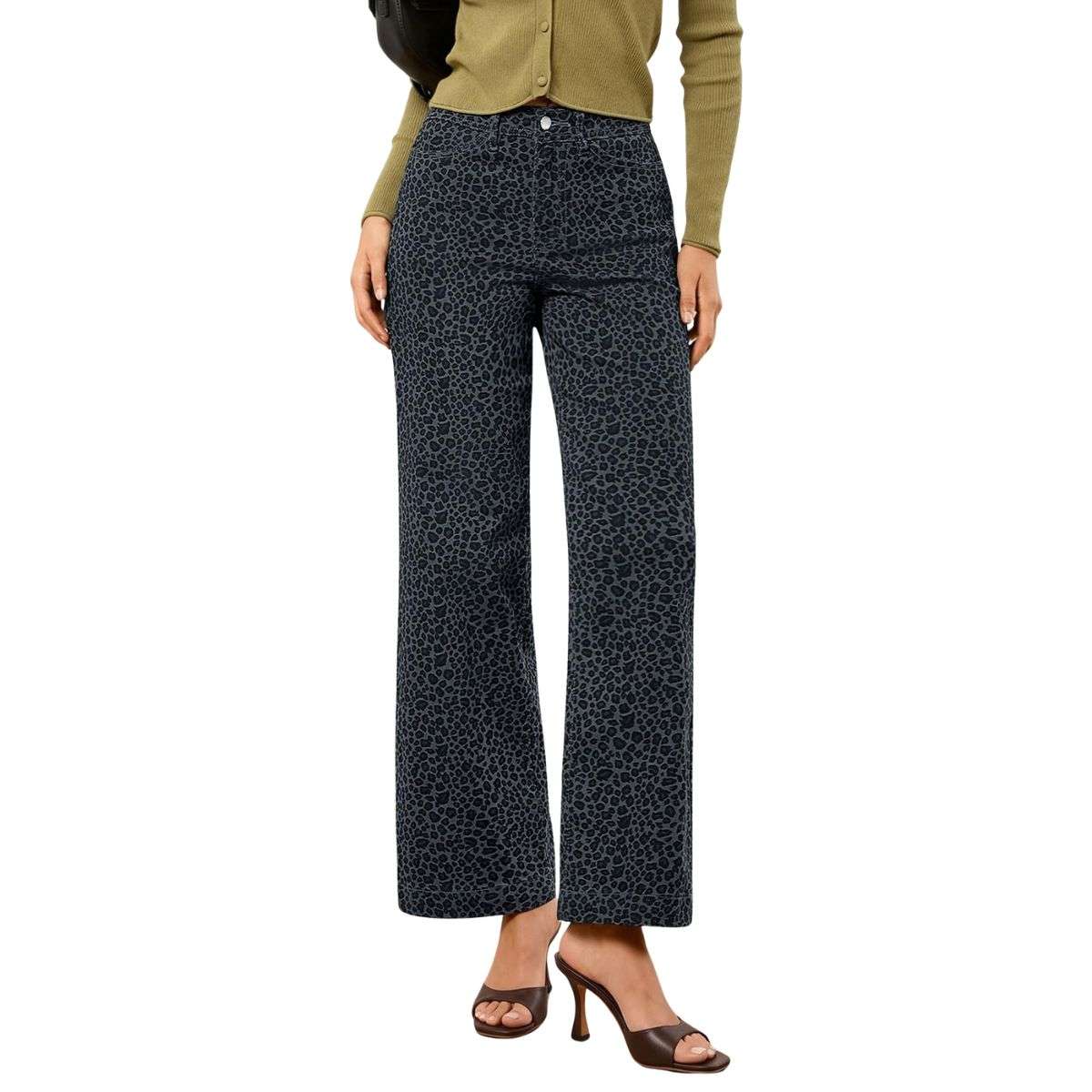 Women’s High Rise Wide Leg Stretch Leopard Print Ankle Jeans