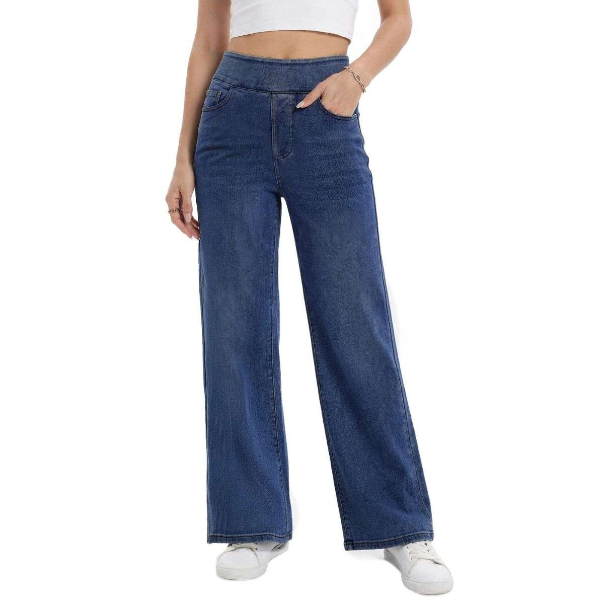Women’s High Rise Elastic Waist Tummy Control Stretch Wide Leg Jeans