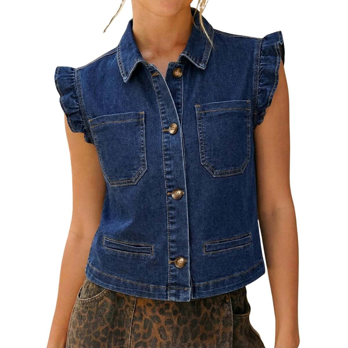 Women’s Sleeveless Ruffle Trim Cinched Short Denim Vest