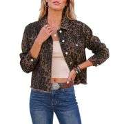 Women’s Cheetah Print Stretch Frayed Hem Denim Jacket
