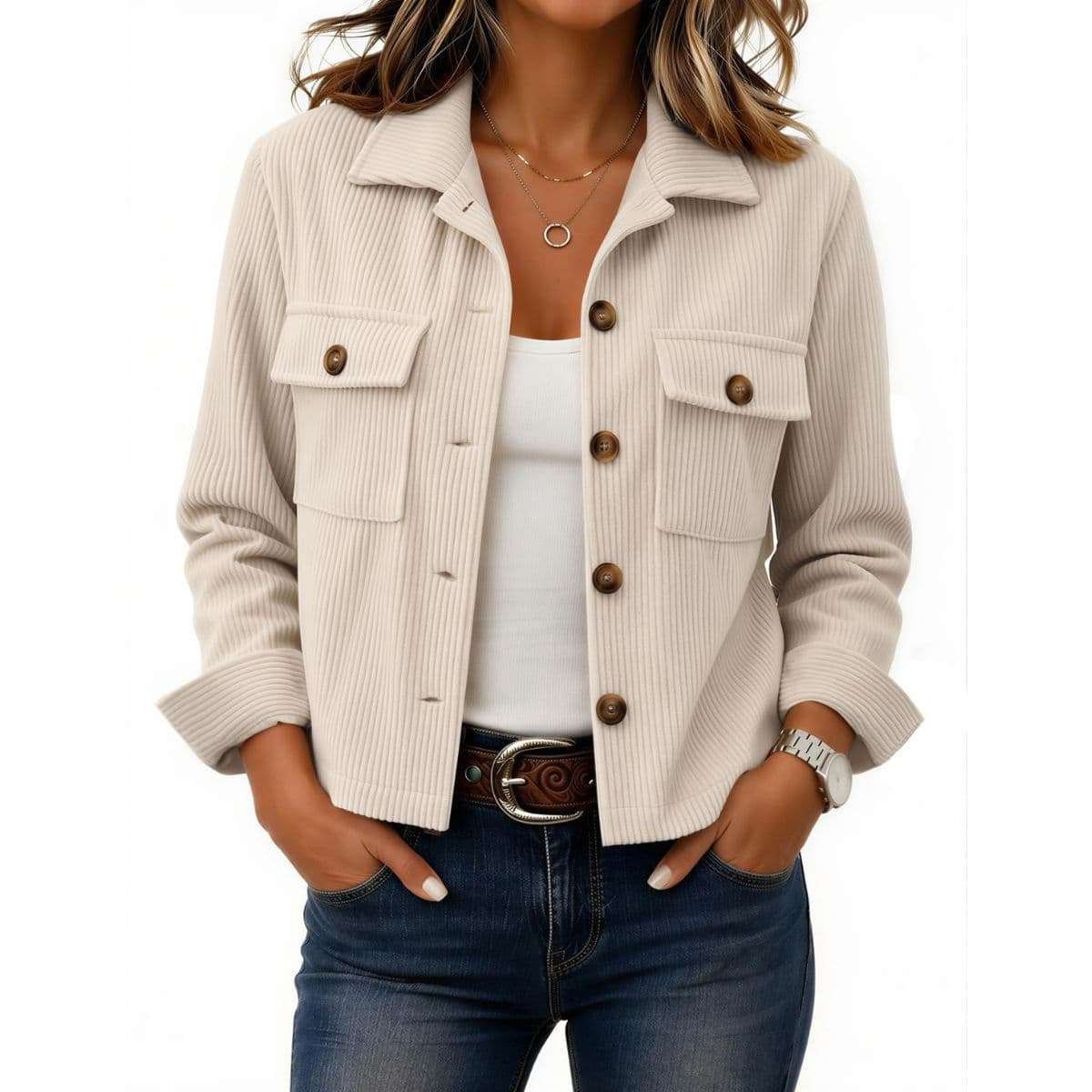 Women’s Fashion Cropped Corduroy Collared Long Sleeve Jacket