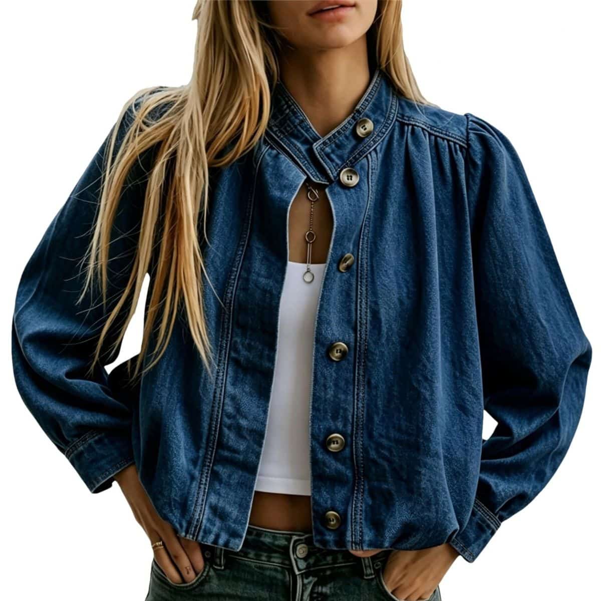 Women’s Puff Sleeve Button Vintage Denim Jacket