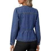 Women’s Collarless Button Front Cinched Waist Long Sleeve Denim Jacket