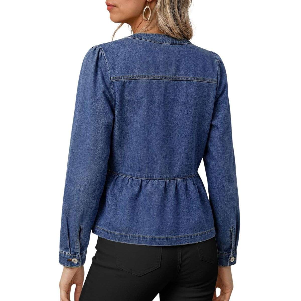 Women’s Collarless Button Front Cinched Waist Long Sleeve Denim Jacket