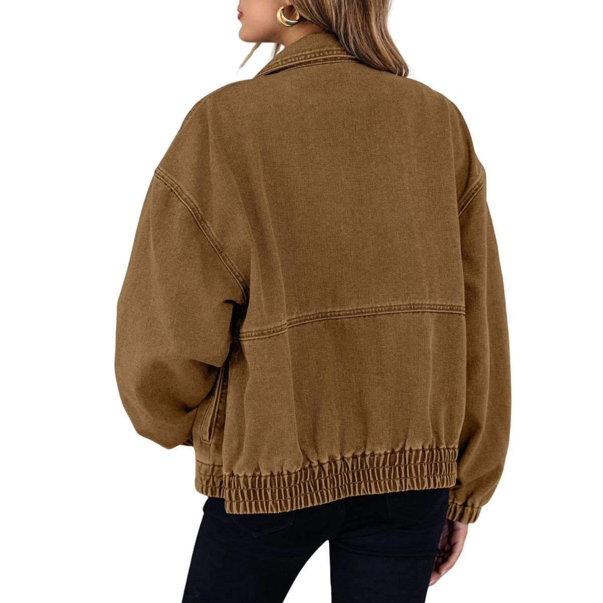 Women’s Zip Up Long Sleeve Loose Fit Denim Jacket