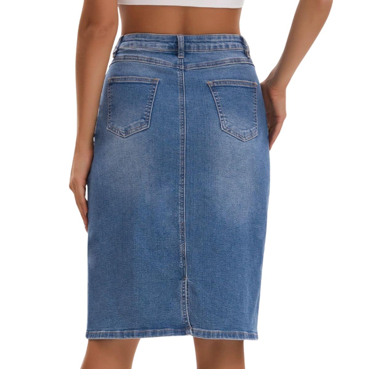 Women’s Stretchy Back Slit Midi Denim Skirt