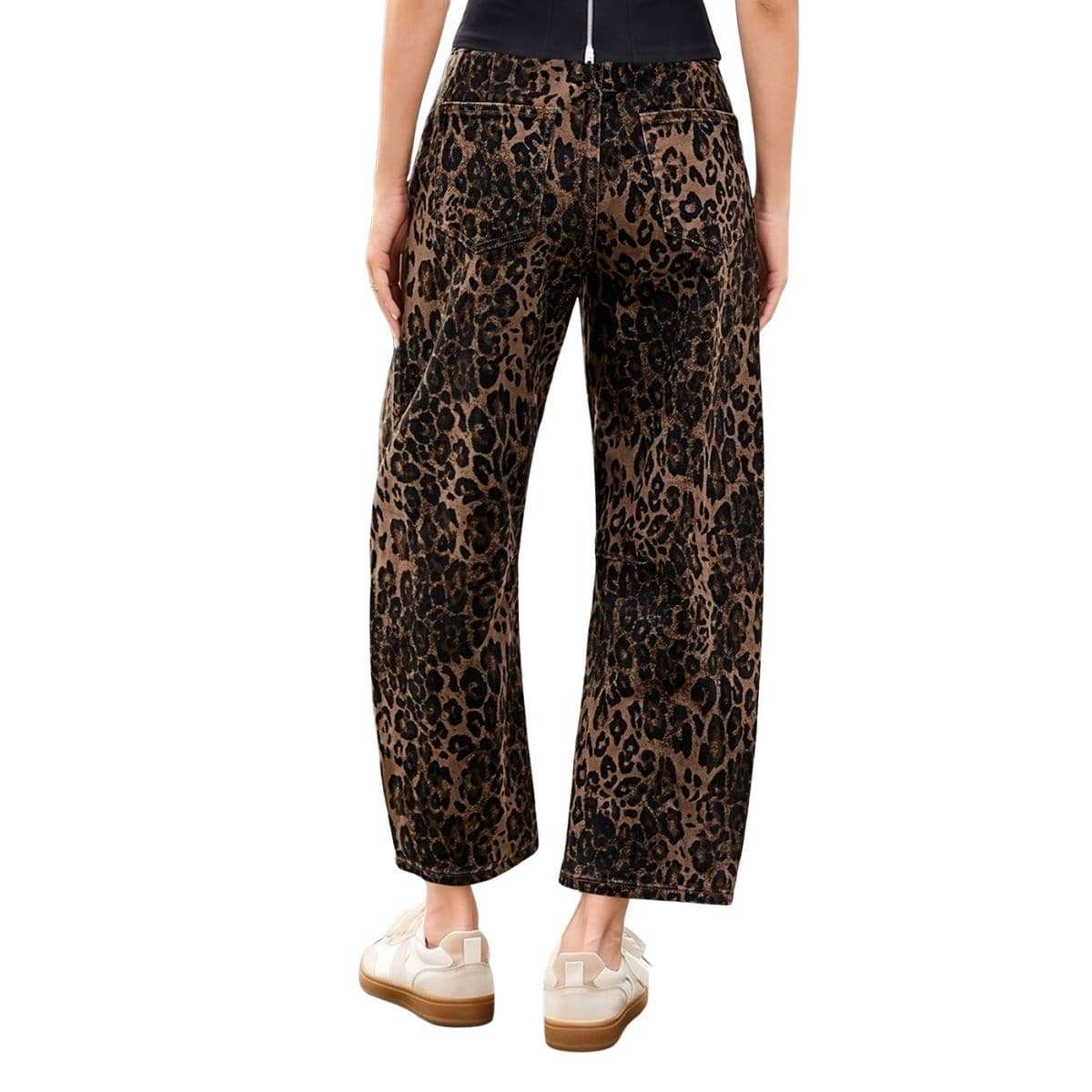 Women’s High Rise Leopard Print Wide Barrel Leg Jeans