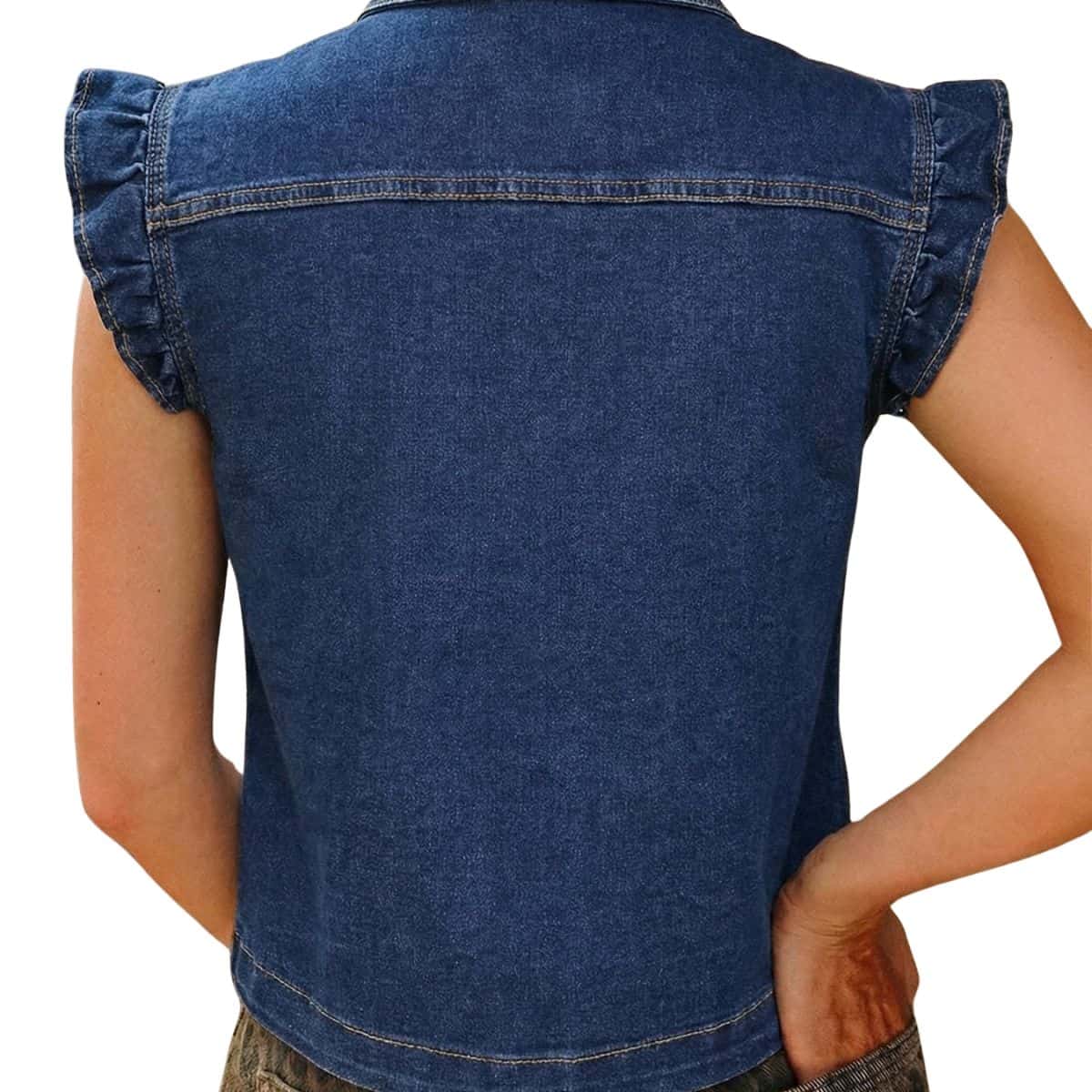 Women’s Sleeveless Ruffle Trim Cinched Short Denim Vest