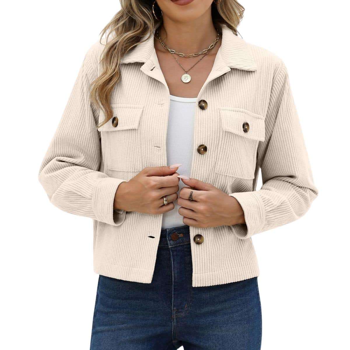 Women’s Fashion Cropped Corduroy Collared Long Sleeve Jacket