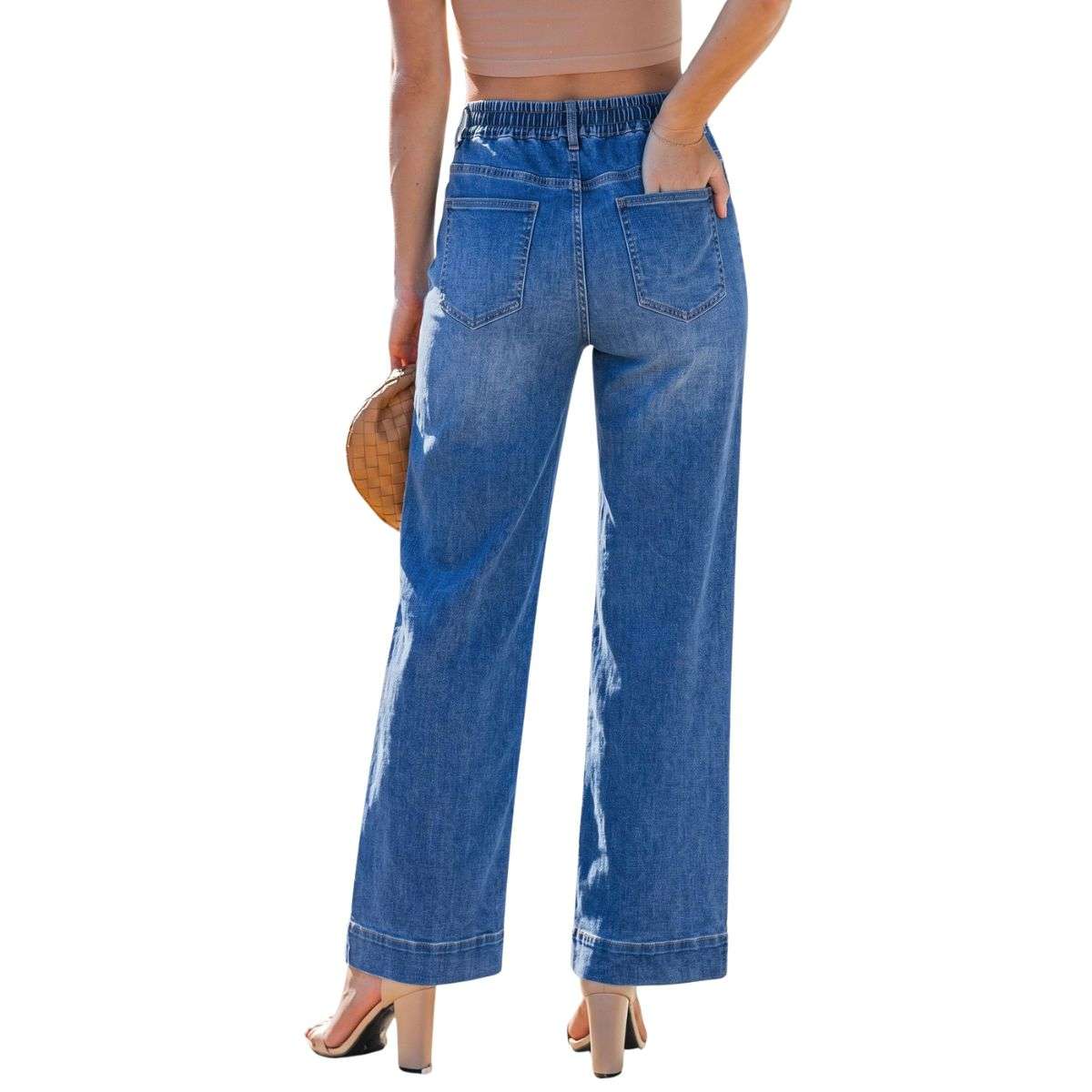 Women’s High Waist Pull On Stretchy Straight Leg Denim Long Pants