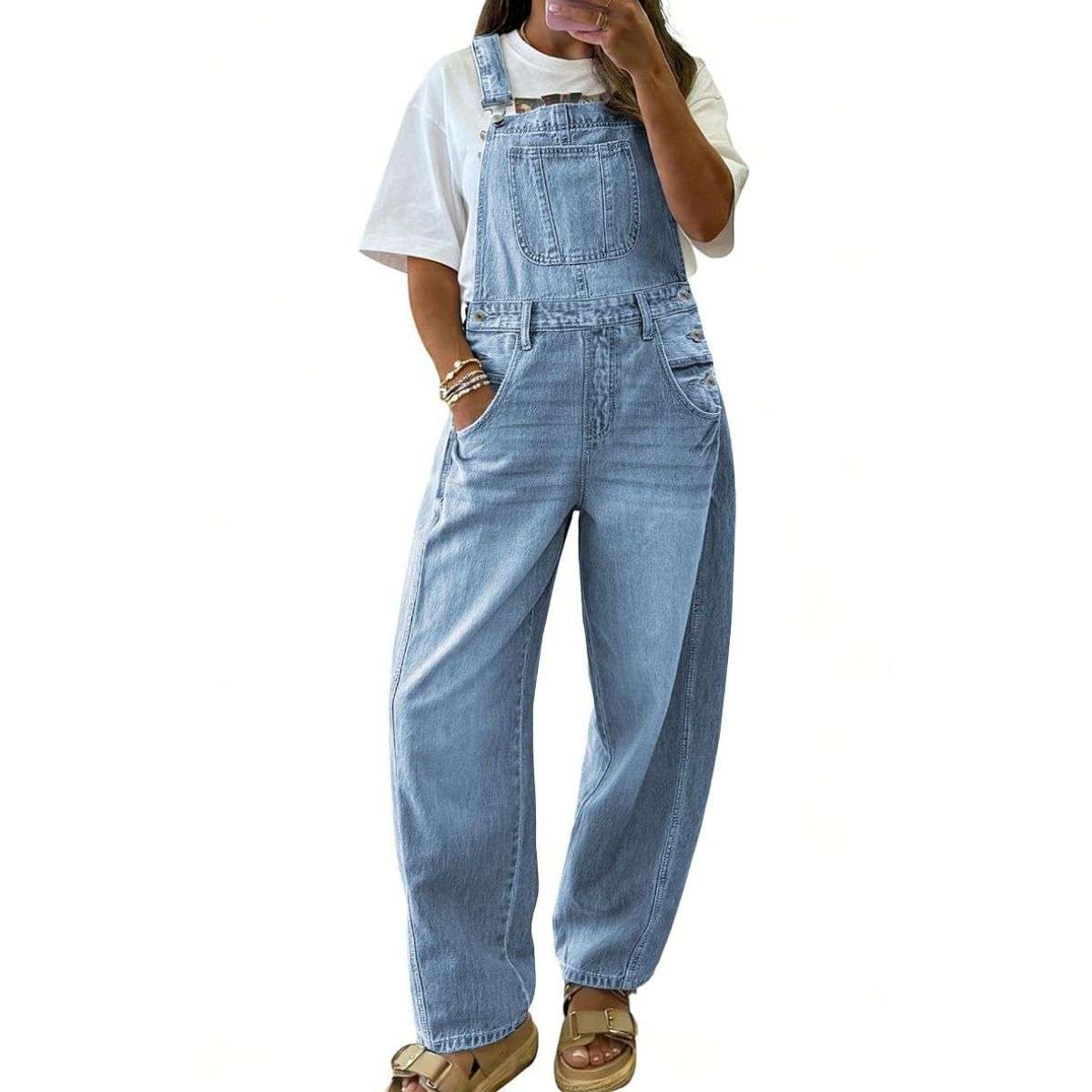 Women’s Loose Fit Adjustable Strap Cargo Denim Bib Overalls