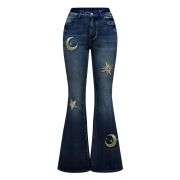 Women’s Gothic Punk Rhinestone Embroidered Flare Jeans