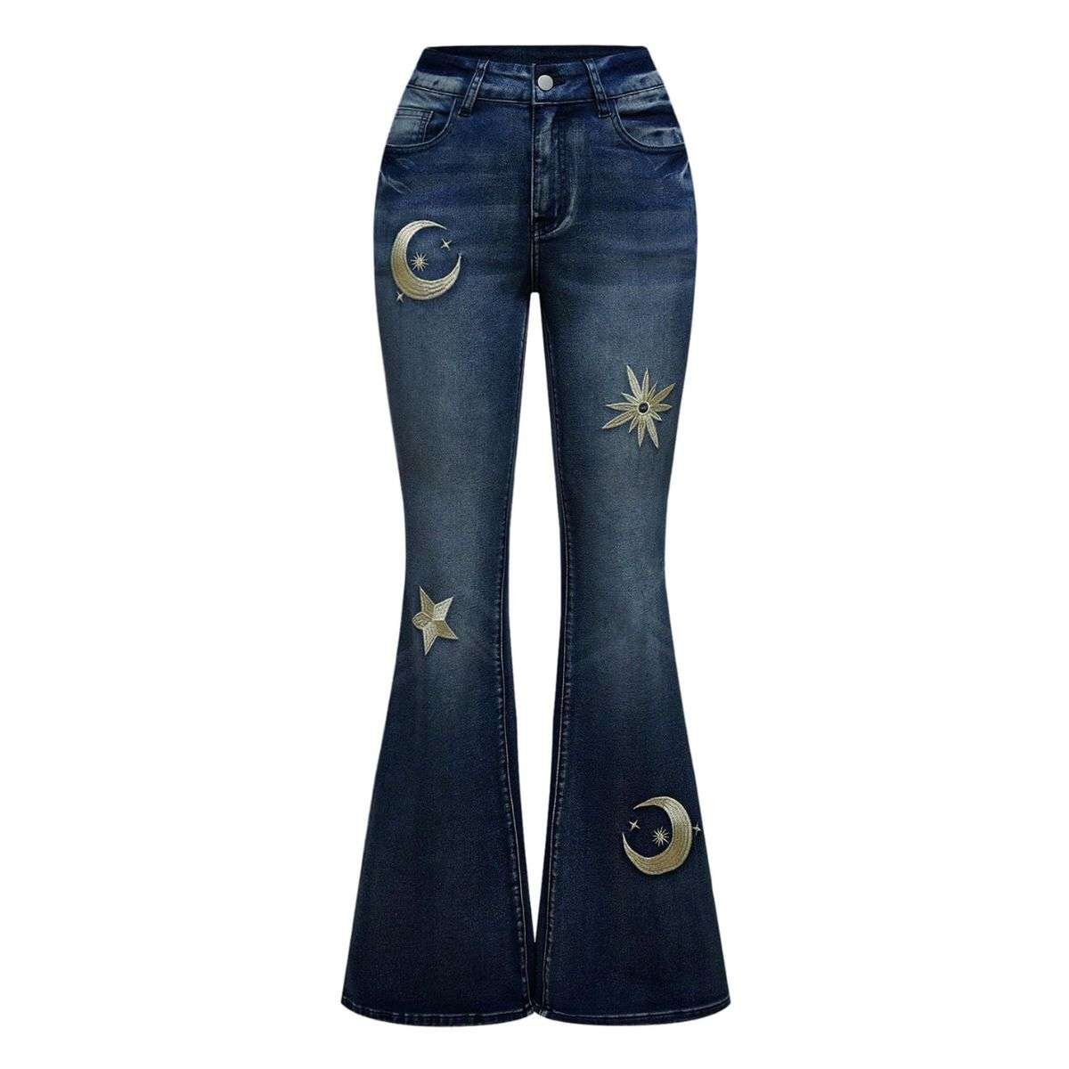 Women’s Gothic Punk Rhinestone Embroidered Flare Jeans
