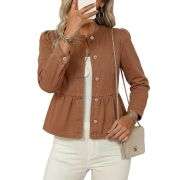 Women’s Collarless Button Front Cinched Waist Long Sleeve Denim Jacket