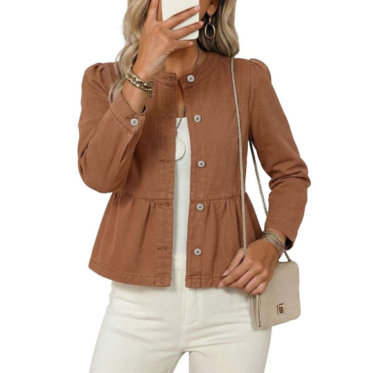 Women’s Collarless Button Front Cinched Waist Long Sleeve Denim Jacket