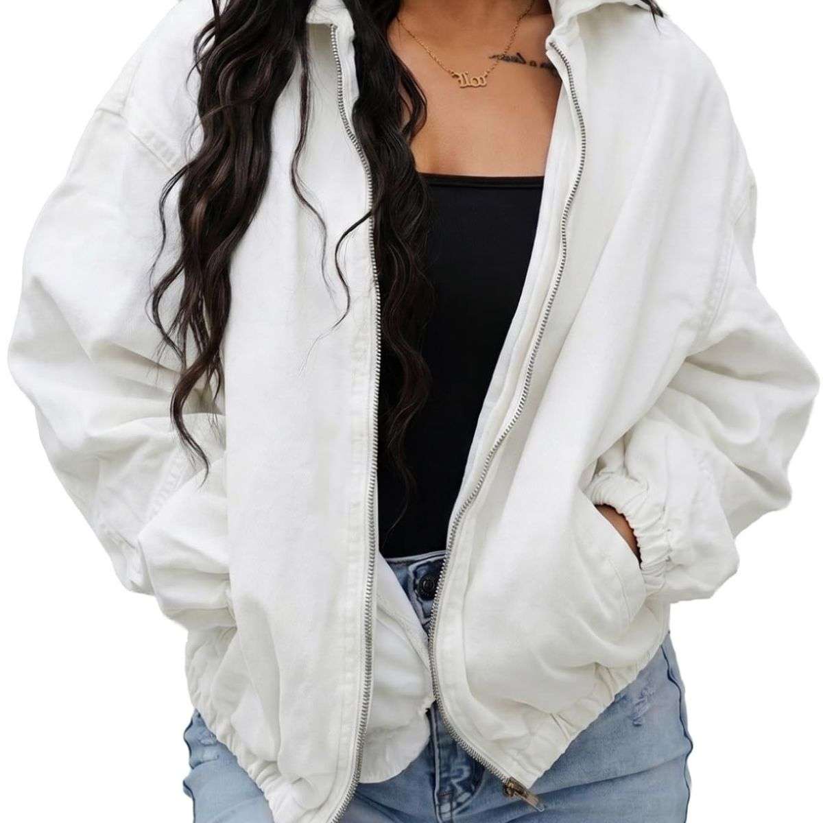 Women’s Zip Up Hooded Cropped Denim Jacket
