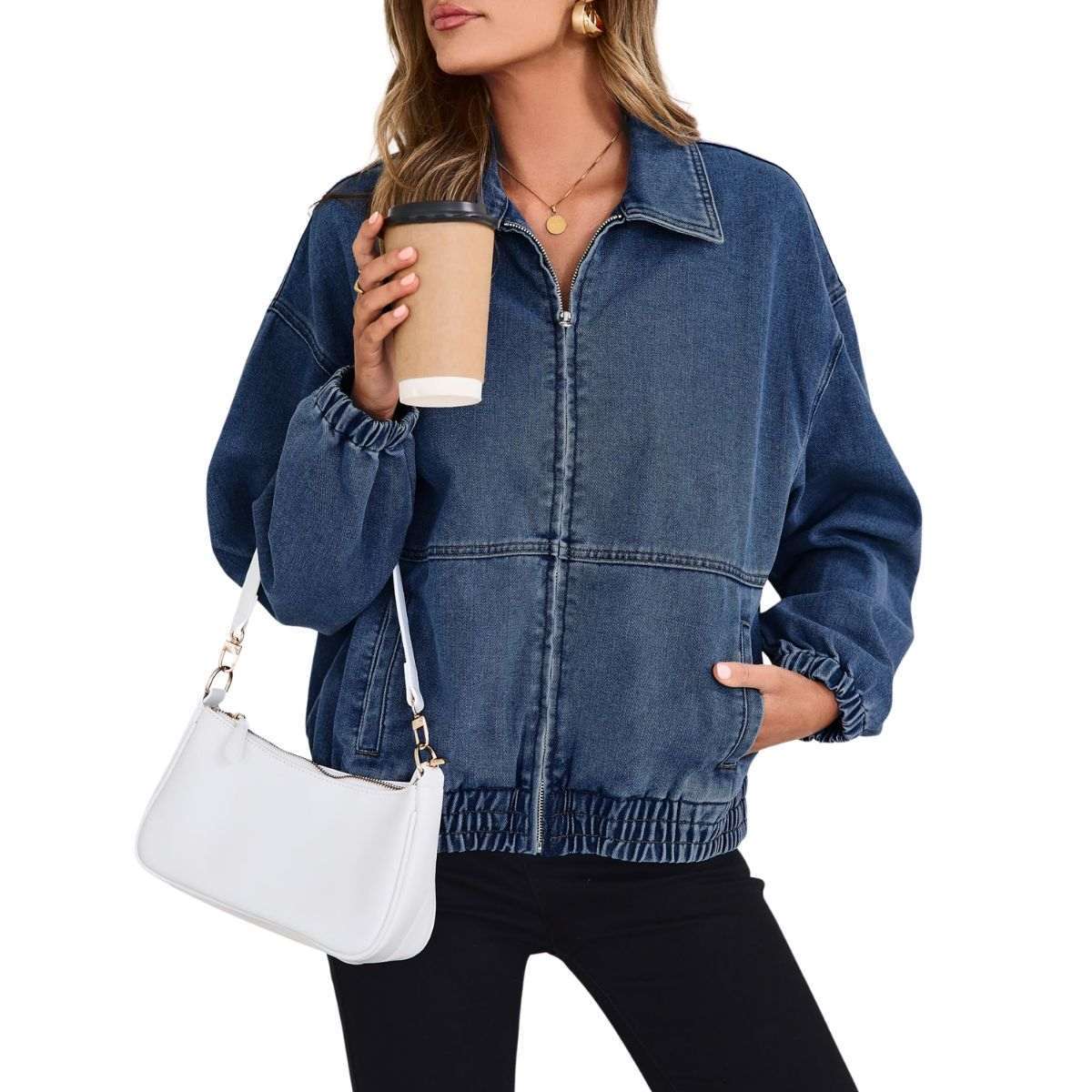 Women’s Zip Up Long Sleeve Loose Fit Denim Jacket