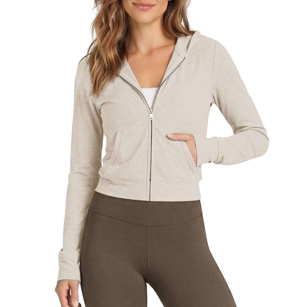 Women’s Full Zip Up Hooded Cropped Jacket with Pockets