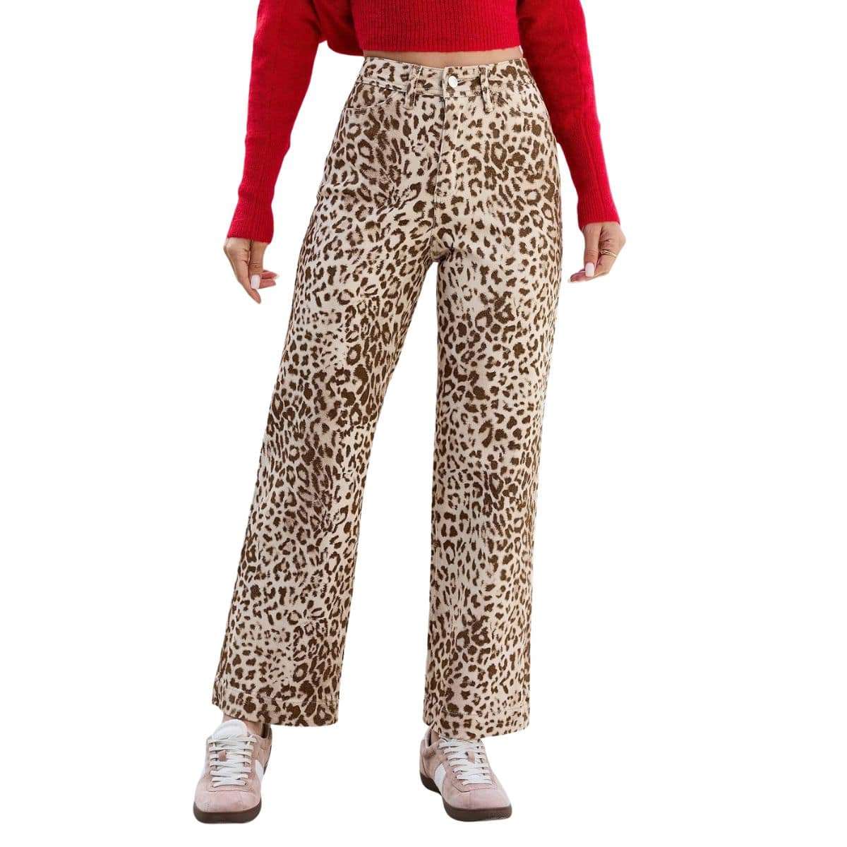 Women’s High Rise Wide Leg Stretch Leopard Print Ankle Jeans