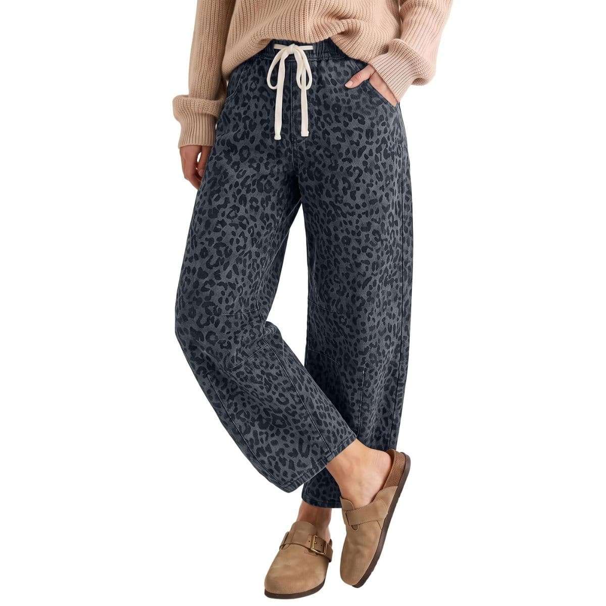 Women’s High Rise Leopard Print Wide Barrel Leg Jeans